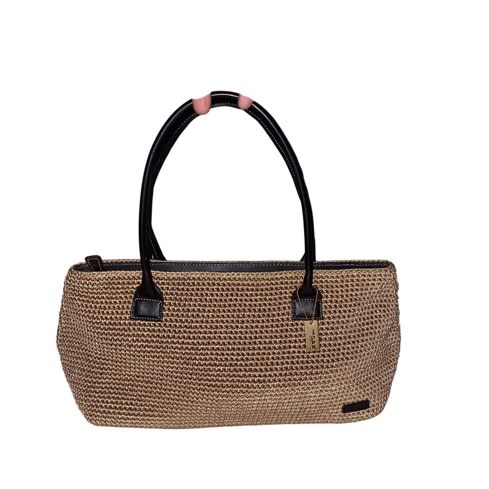 The Sak Brown crochet Nylon Satchel Tote Bag Leather Handle East west handbag